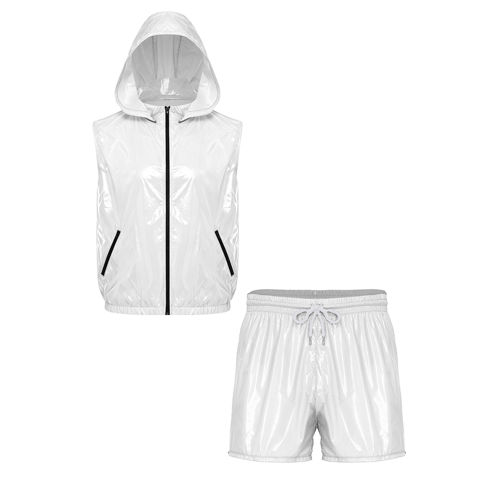 Track Suit Men - ชุดวอร์มกันน้ำสำหรับผู้ชาย ชุดกีฬาลำลอง เสื้อกั๊กซิปแขนกุดพร้อมฮู้ดถอดได้ และกางเกงบ็อกเซอร์สำหรับออกกำลังกาย