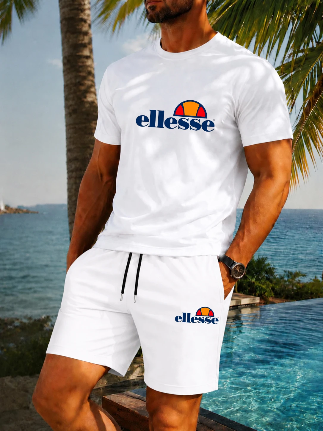 Mens Fashion Style - เสื้อยืดคอกลมผู้ชายสไตล์คลาสสิก ระบายอากาศได้ดี สำหรับฤดูร้อนใหม่ พร้อมกางเกงขาสั้น ชุดออกกำลังกายกลางแจ้งสองชิ้น
