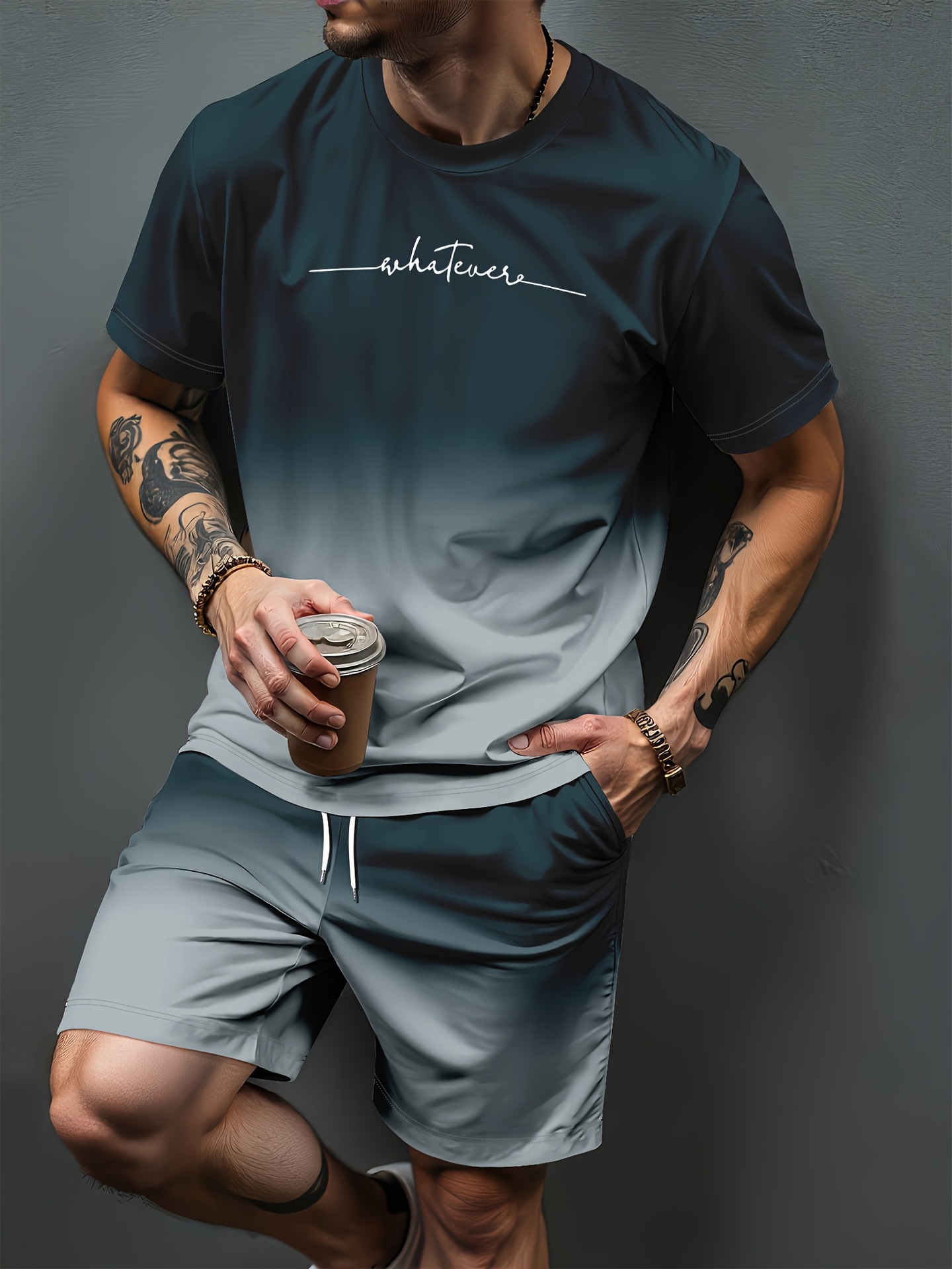 Men'S Fashion Trends 2025 - ชุดวอร์มพิมพ์ลายตัวอักษรไล่เฉดสี 3 มิติ สำหรับผู้ชายและผู้หญิง เสื้อยืดแขนสั้นลำลอง กางเกงขาสั้น