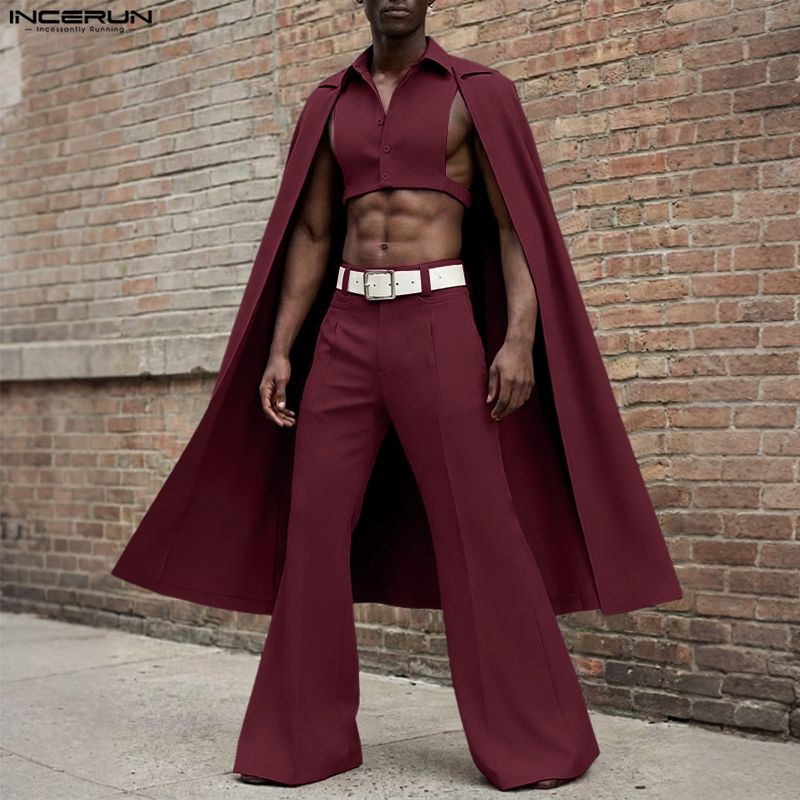 Men'S Fashion Pants - INCERUN ชุดเซ็ตผู้ชาย สีพื้น ปกเสื้อแบบปกเชิ้ต แขนกุด เสื้อคลุมทรงแปลกตาและกางเกงขายาว