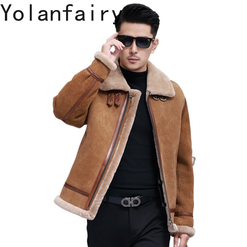 Men'S Fashion Leather Jacket - YOLANFAIRY เสื้อแจ็คเก็ตหนังแกะแท้คุณภาพสูงสำหรับผู้ชาย เสื้อโค้ทขนสัตว์แท้สำหรับฤดูหนาว เสื้อผ้าแฟชั่นสำหรับผู้ชาย