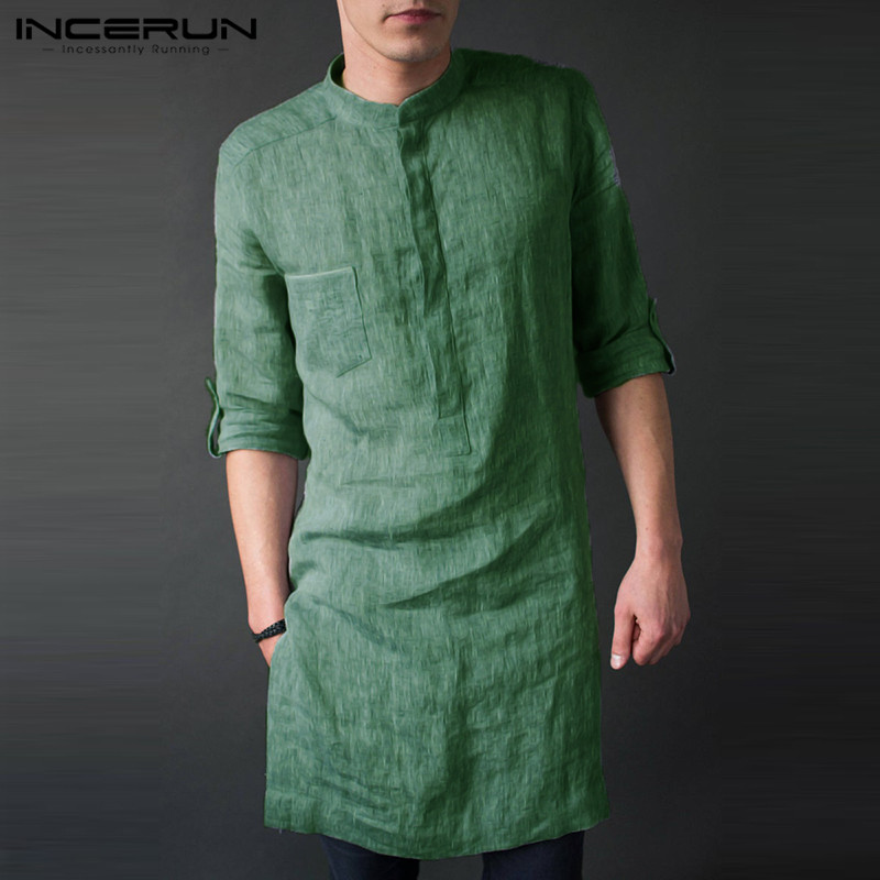 Men'S Fashion Kurta - INCERUN เสื้อกันหนาวผู้ชายแขนยาว Midi Men เสื้อยืดแฟชั่นใหม่มุสลิมเสื้อผ้าสีทึบอินเดีย Kurta