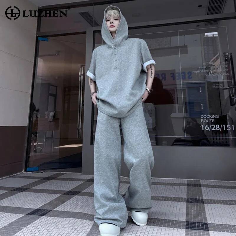 Men'S Fashion For Summer 2026 - LUZHEN ชุดเซ็ตสองชิ้น เสื้อฮู้ดแขนสั้นรุ่นออริจินัล 2026 สำหรับฤดูร้อน กางเกงลำลองทรงตรงหลวมสไตล์แฟชั่นสตรีทสำหรับผู้ชาย