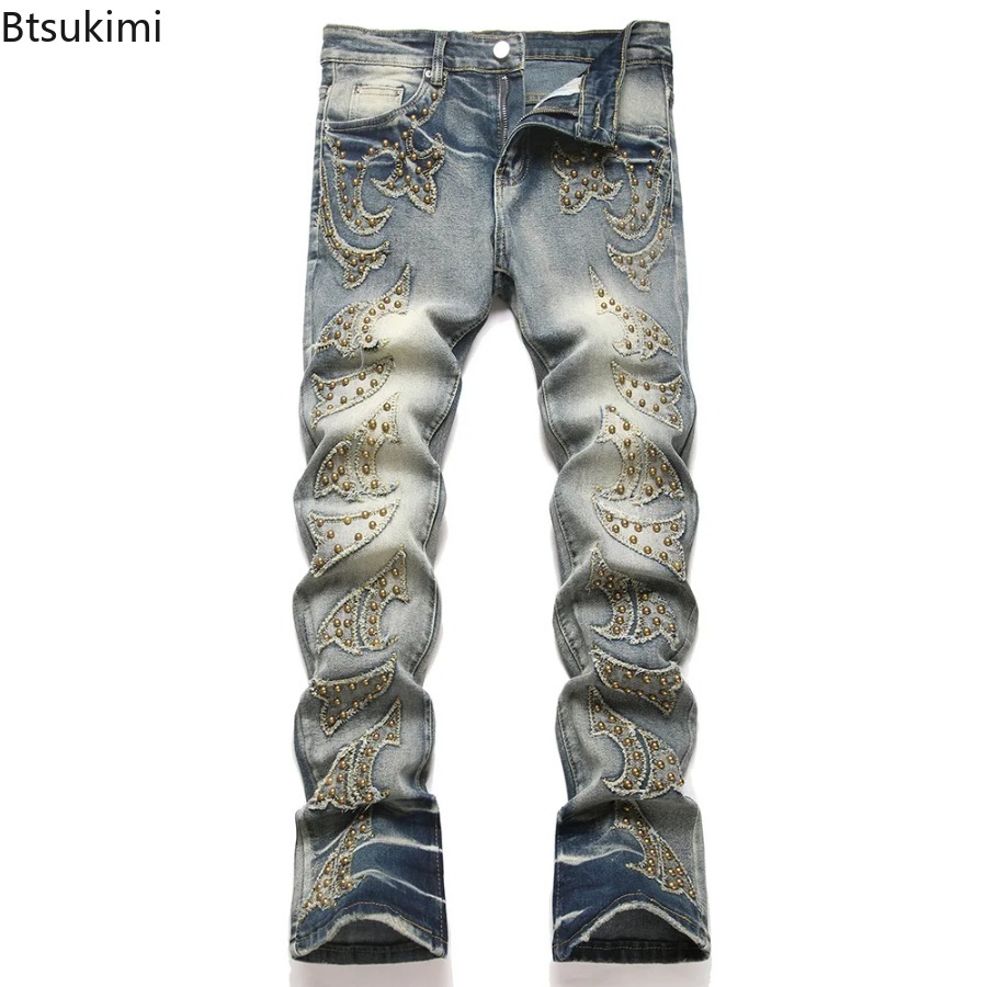 Men'S Fashion Jeans And Boots - กางเกงยีนส์ทรงบูทคัทผ้ายืดสำหรับผู้ชายแฟชั่นใหม่ปี 2026 แต่งหมุดสไตล์พังก์ สีน้ำเงิน ทรงขาบาน สตรีทแวร์