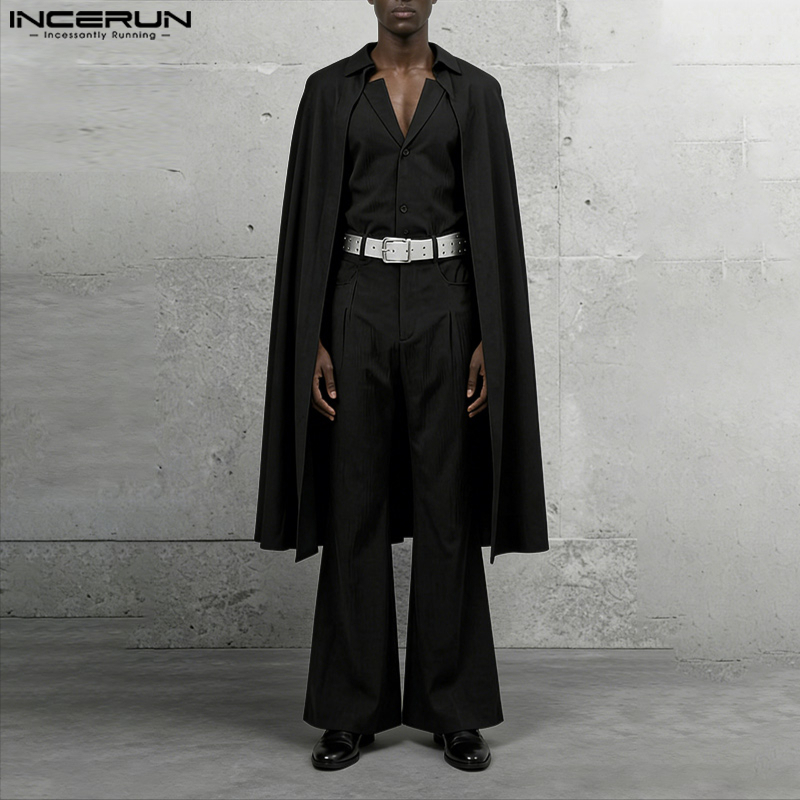 Mens Fashion Style - ชุดเซ็ตผู้ชาย INCERUN สีพื้น ปกเสื้อแบบปกเชิ้ต แขนยาว เสื้อคลุมทรงยาว