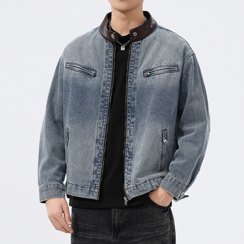 Men'S Fashion Leather Jacket - เสื้อแจ็คเก็ตยีนส์คอปกหนังผู้ชาย แฟชั่นวินเทจ ทรงหลวม สไตล์ลำลอง ผ้าฝ้ายฟอก เสื้อแจ็คเก็ตมอเตอร์ไซค์ชาย