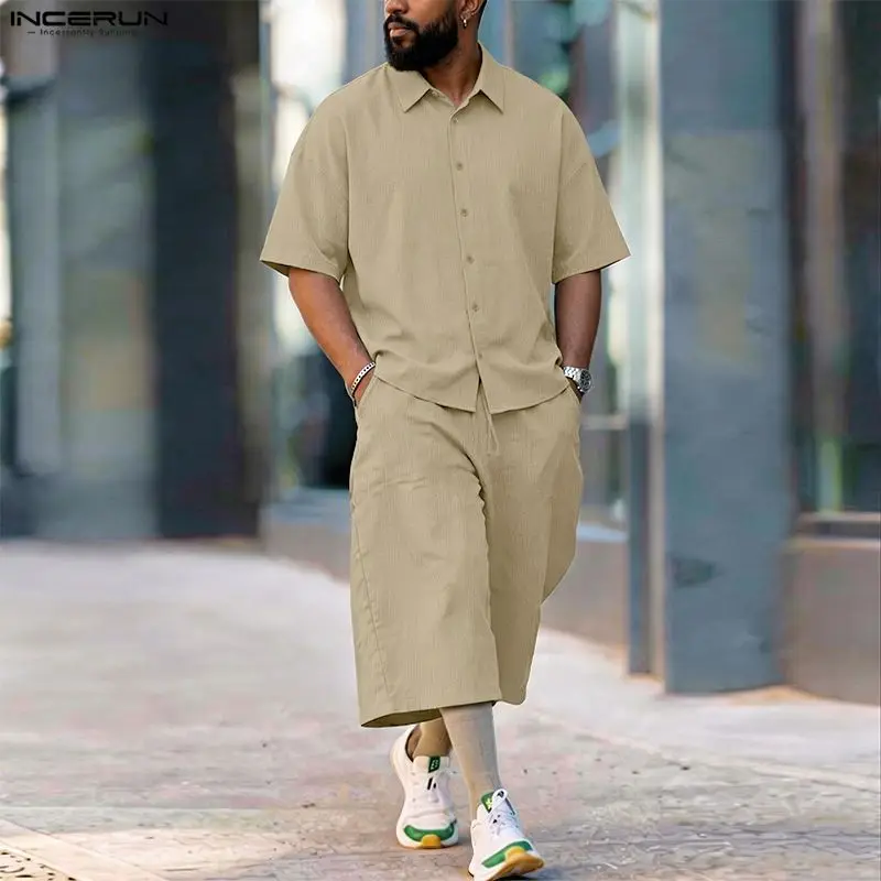 Men'S Fashion Pants - INCERUN ชุดเซ็ตผู้ชาย เสื้อเชิ้ตแขนสั้นปกเรียบ กางเกงขายาว ชุดสองชิ้น สตรีทแวร์