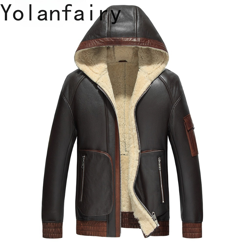 Men'S Fashion Leather Jacket - เสื้อโค้ทขนสัตว์แท้ YOLANFAIRY สำหรับผู้ชาย มีฮู้ด แฟชั่นฤดูหนาว หนังแกะแท้