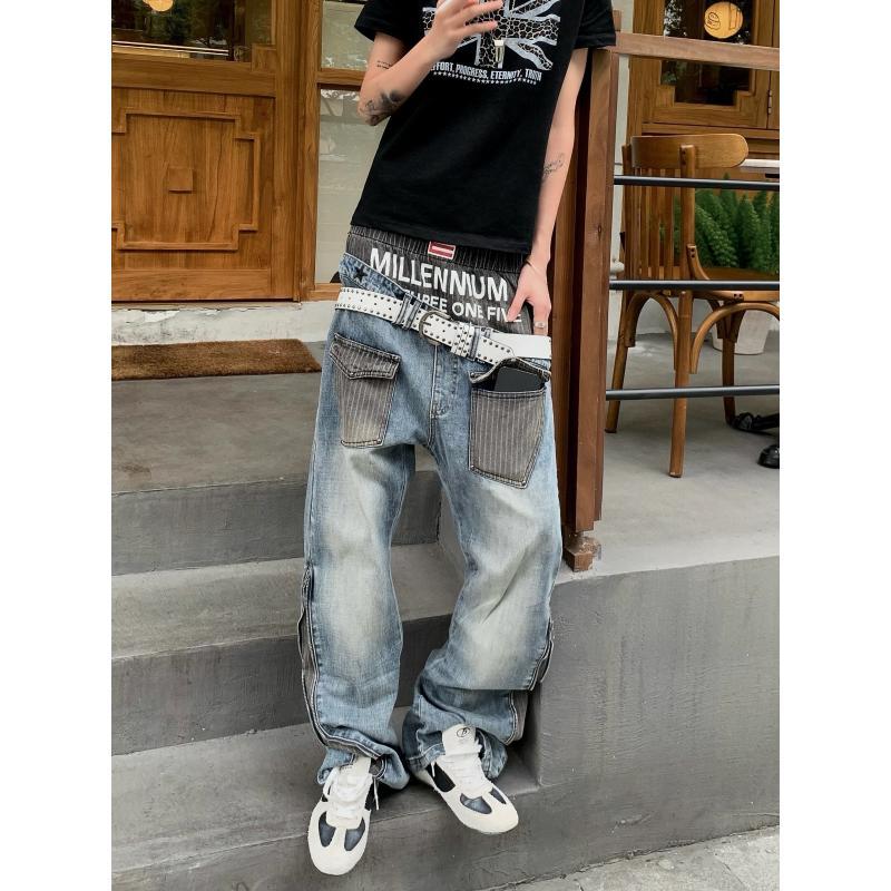Mens Fashion In The 90S - กางเกงยีนส์ผู้ชายลายปะติดสไตล์ 90s กางเกงลำลองสำหรับวัยรุ่น กางเกงเอวสูงทรงตรง กางเกงขากว้างแฟชั่นสตรีท