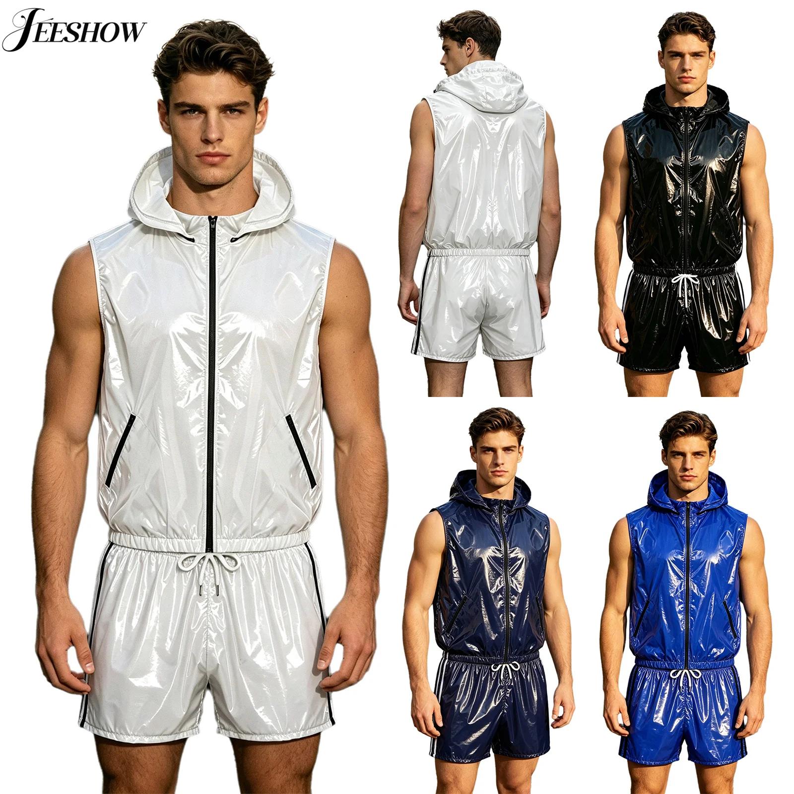 Track Suit Men - ชุดกีฬากันน้ำสำหรับผู้ชาย เสื้อกั๊กมีฮู้ดแบบไม่มีแขนพร้อมซิปด้านหน้า มาพร้อมกางเกงขาสั้นในตัว เหมาะสำหรับออกกำลังกายในยิมและฟิตเนส