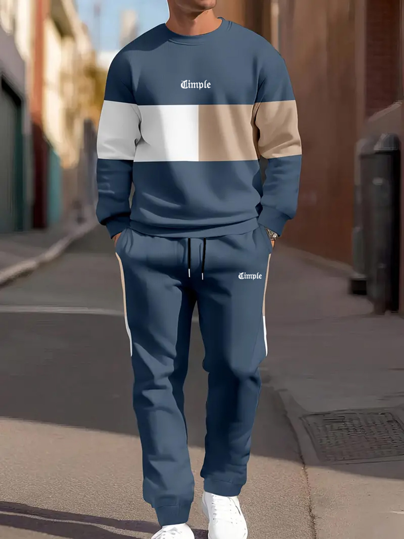 Jogger Sweatpants Men - ชุดลำลองสองชิ้นสำหรับผู้ชาย สีกรมท่า สีขาว และสีน้ำตาล เสื้อสเวตเชิ้ตคอกลมแบบมีสีตัดกันและกางเกงวอร์มทรงจ็อกเกอร์ ทรงหลวมสำหรับฤดูใบไม้ผลิและฤดูใบไม้ร่วง