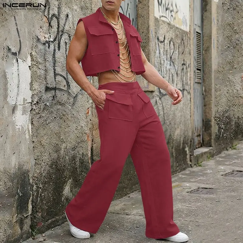 Track Suit Men - INCERUN ชุดเซ็ตผู้ชาย เสื้อครอปแขนกุดสีพื้น กางเกงขายาว ชุด 2