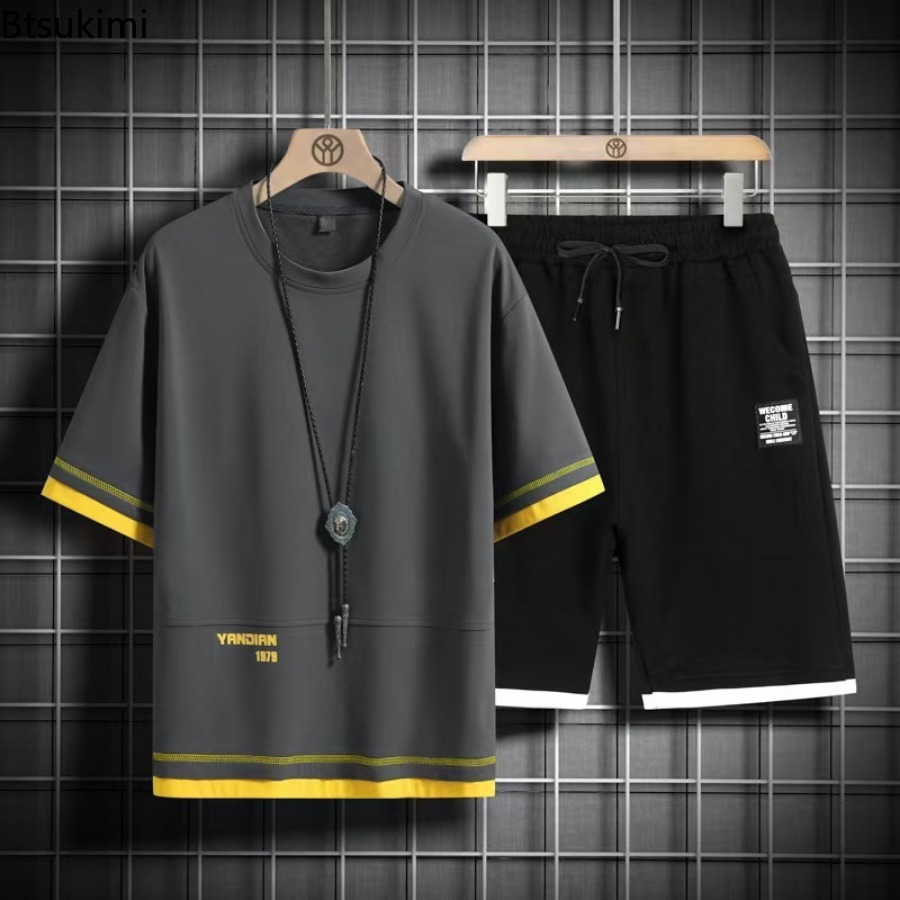 Men'S Fashion For Summer 2026 - ชุดวอร์มฤดูร้อนปี 2026 แฟชั่นผู้ชาย เสื้อยืดแขนสั้น+กางเกงขาสั้น สองชิ้น สไตล์ฮิปฮอป