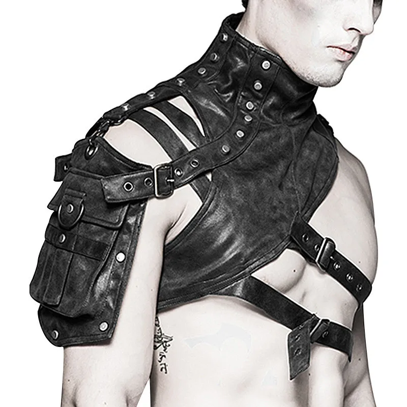 Men'S Fashion Leather Jacket - Steampunk ยุคกลางเกราะหนังหนึ่งไหล่ Renaissance เสื้อกั๊กพร้อมกระเป๋าสําหรับผู้ชายผู้หญิงฮาโลวีนคอสเพลย์ Tops Punk