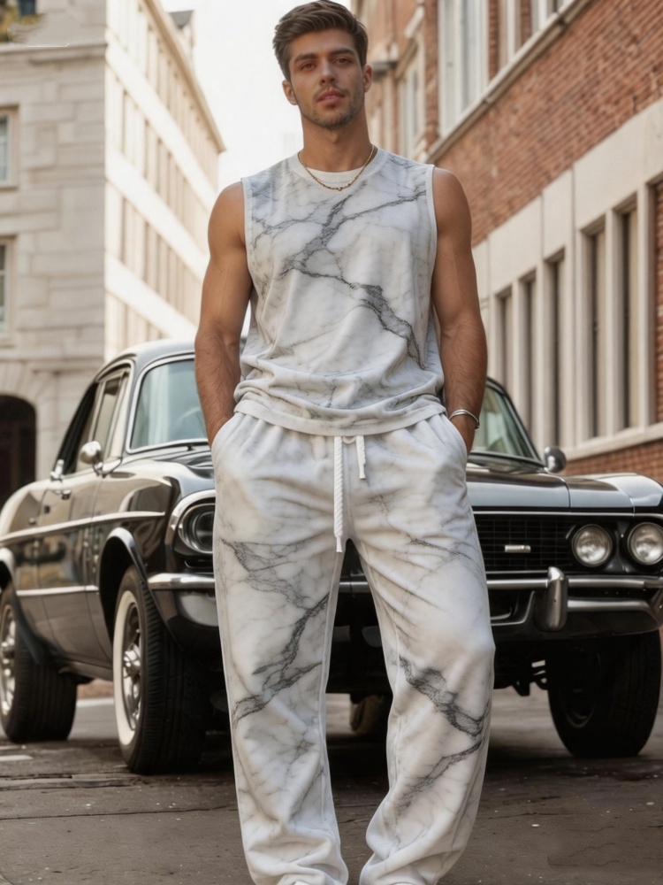 Track Suit Men - ชุดเซ็ตเสื้อกล้ามพิมพ์ลายหินอ่อนสำหรับผู้ชาย กางเกงขายาวรัดเชือก ชุดลำลองสองชิ้น สไตล์มินิมอล เรียบหรู