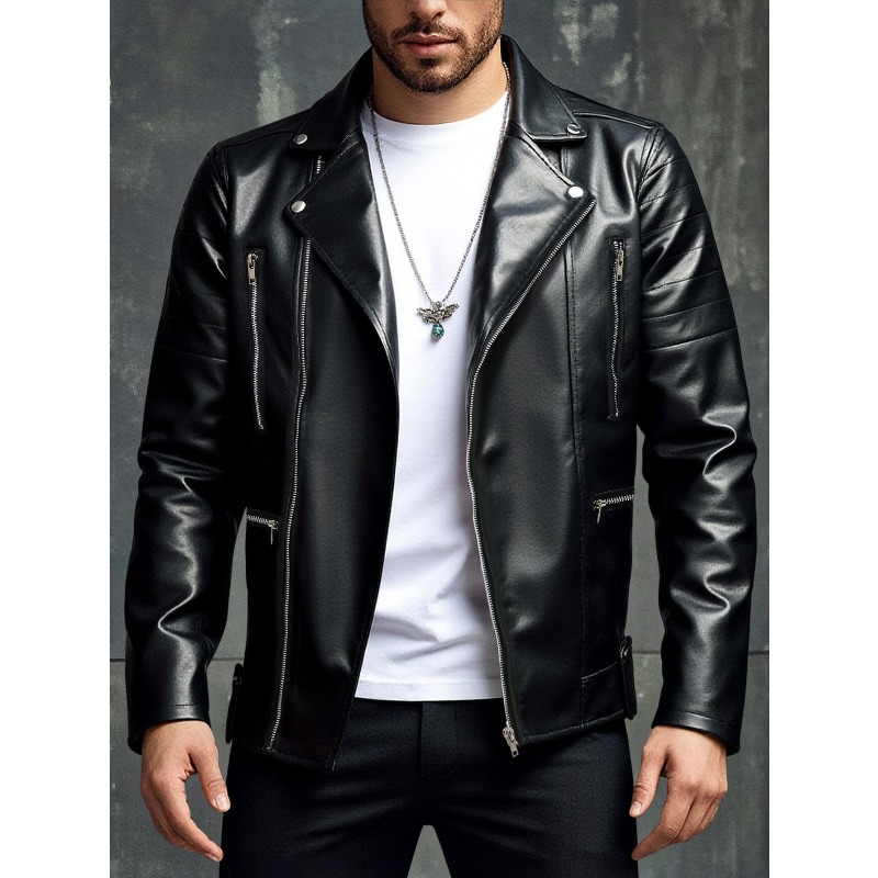 Men'S Fashion Leather Jacket - แจ็คเก็ตหนังผู้ชายแฟชั่นใหม่ สีพื้น เท่ห์ ปกเสื้อแบบมีปก แจ็คเก็ตหนังสไตล์มอเตอร์ไซค์ แนวร็อค