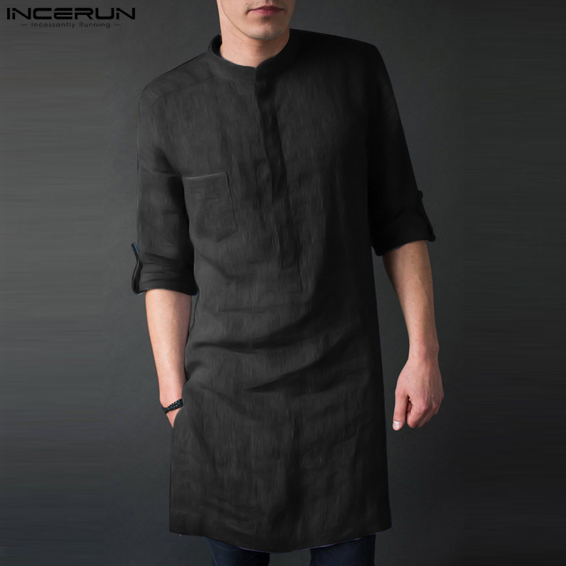 Men'S Fashion Kurta - INCERUN เสื้อกันหนาวผู้ชายแขนยาว Midi Men เสื้อยืดแฟชั่นใหม่มุสลิมเสื้อผ้าสีทึบอินเดีย Kurta