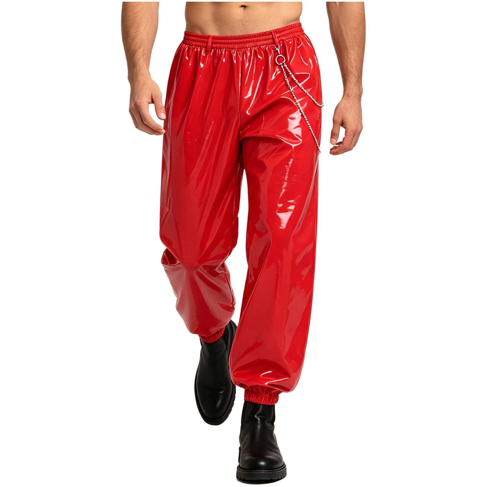 Jogger Sweatpants Men - กางเกงจ็อกเกอร์หนัง PU เงางามสำหรับผู้ชาย พร้อมสายโซ่โลหะ เอวยางยืด ทรงหลวม