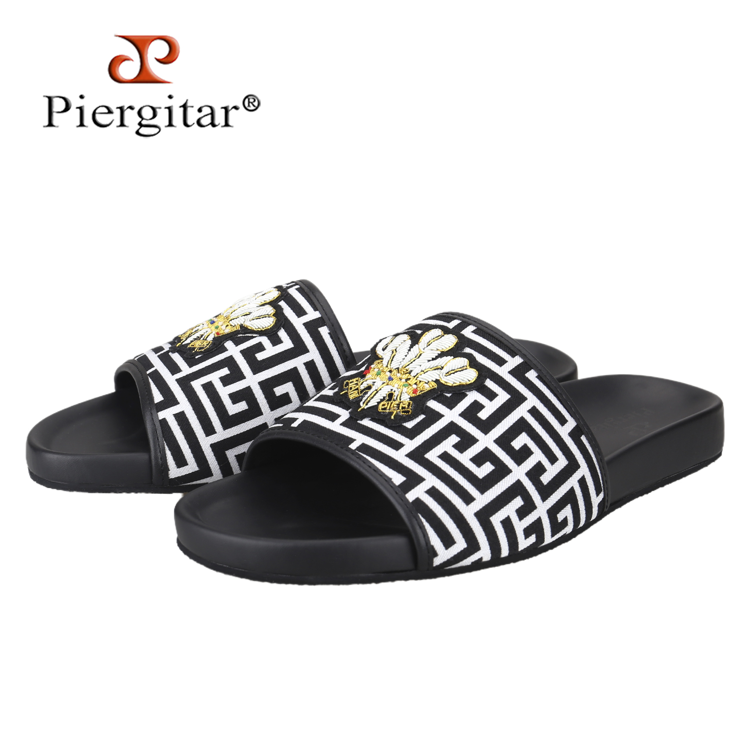 Men'S Fashion Model - รองเท้าแตะผู้ชายลายพิมพ์ขาวดำรุ่น Piergitar Summer พร้อมป้ายแฮนด์เมดแบบกำหนดเอง สไตล์หรูหรา แฟชั่น