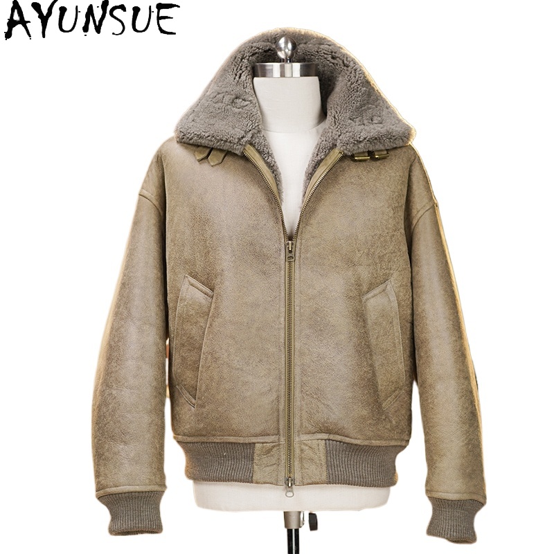 Men'S Fashion Leather Jacket - เสื้อโค้ทขนสัตว์แท้คุณภาพสูง AYUNSUE สำหรับผู้ชาย เสื้อแจ็คเก็ตหนังแกะแท้ อุ่นสบายสำหรับฤดูหนาว แฟชั่นผู้ชายปี