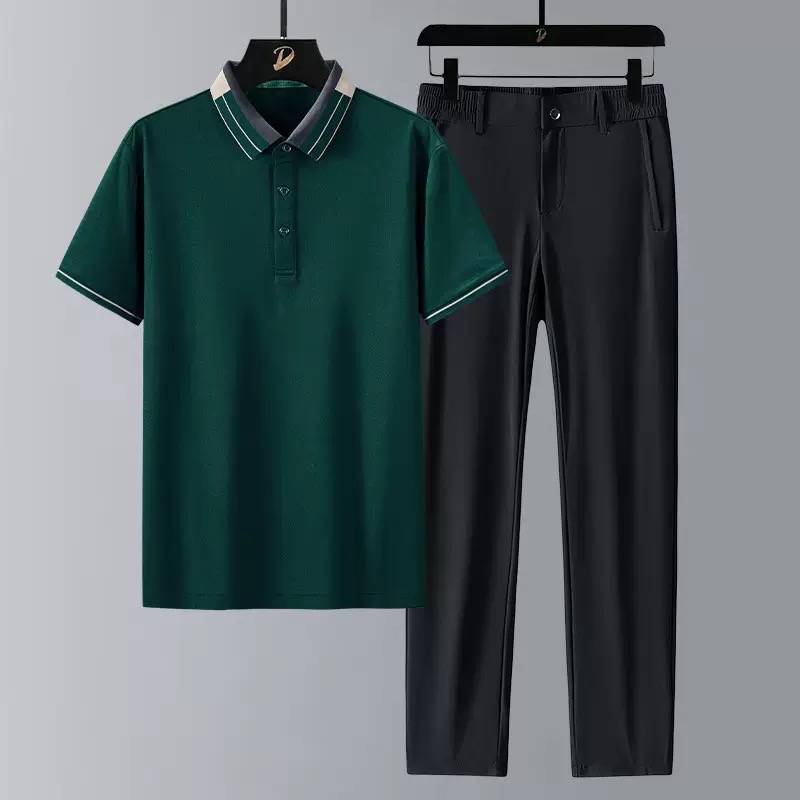 Men'S Fashion Plus - ชุดเสื้อโปโลแขนสั้นผ้าไอซ์ซิลค์แฟชั่นฤดูร้อนใหม่ สไตล์สปอร์ต ลำลองสำหรับผู้ชาย คุณภาพสูง ไซส์ใหญ่ ชุดสองชิ้น