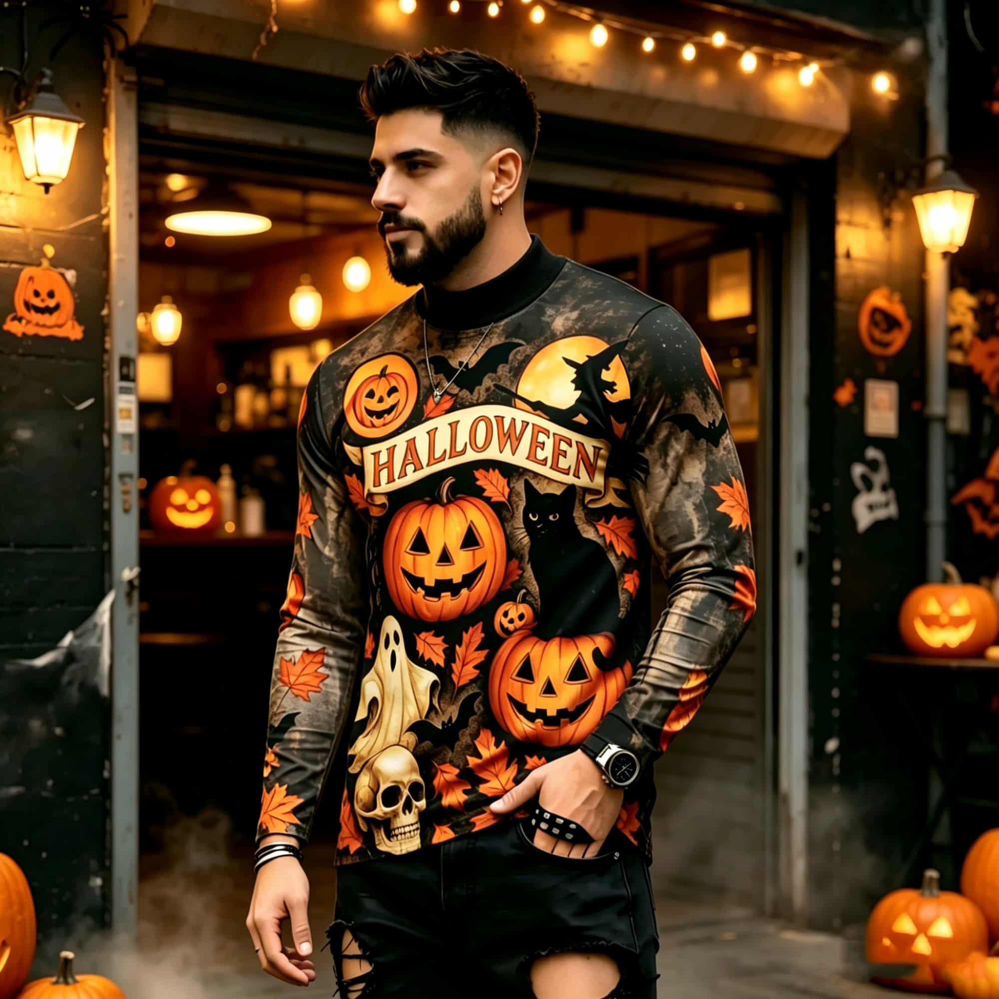 Mens Fashion Style - เสื้อยืดแขนยาวลายพิมพ์ฮาโลวีนสไตล์สตรีทแฟชั่นลำลอง ลายฟักทอง ผี แมวดำ ดีไซน์ทันสมัย ใส่ได้หลากหลายสำหรับผู้ชาย
