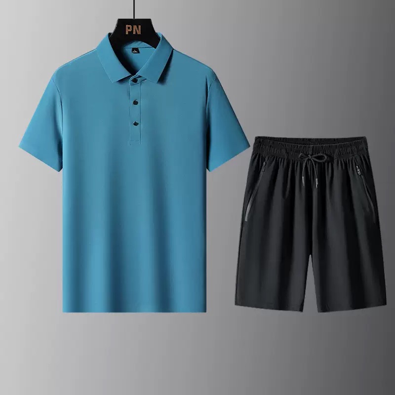 Men'S Fashion Plus - แฟชั่นฤดูร้อนสีทึบสบายระบายอากาศได้ดีเสื้อโปโลแขนสั้นชุดลำลองผู้ชายหลวมๆชุดสองชิ้นขนาดพลัสไซส์