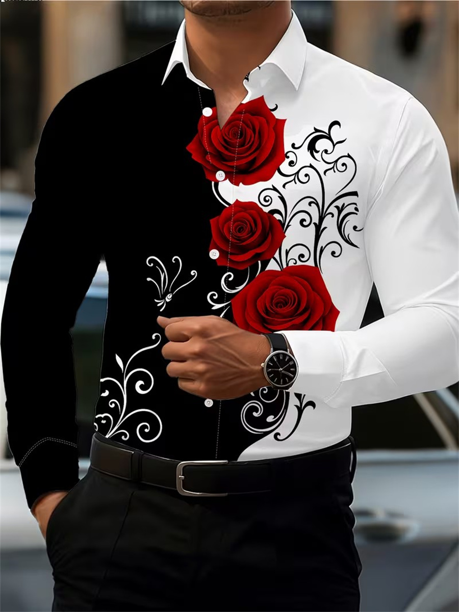 Mens Fashion Style - เสื้อเชิ้ตแขนยาวพิมพ์ลายดอกกุหลาบสีแดงสำหรับผู้ชาย ทันสมัยและลำลอง