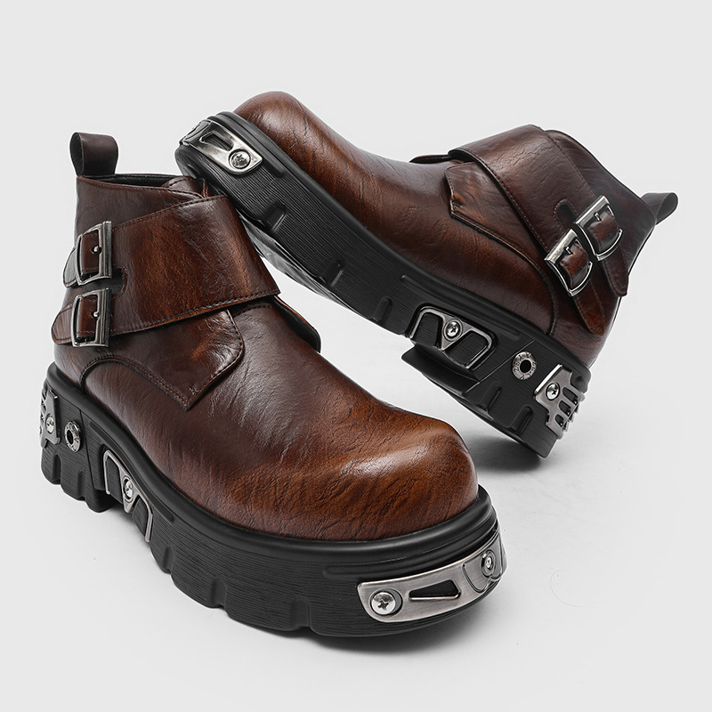 Men'S Fashion For 30 Year Olds - รองเท้าบูทแฟชั่นพังก์กอธทรงสูงสำหรับผู้ชายไซส์ใหญ่ สีเงิน สีน้ำตาล รองเท้าดีไซน์เนอร์ รองเท้าบูทคาวบอยแบบส้นตึก หัวเข็มขัดคู่