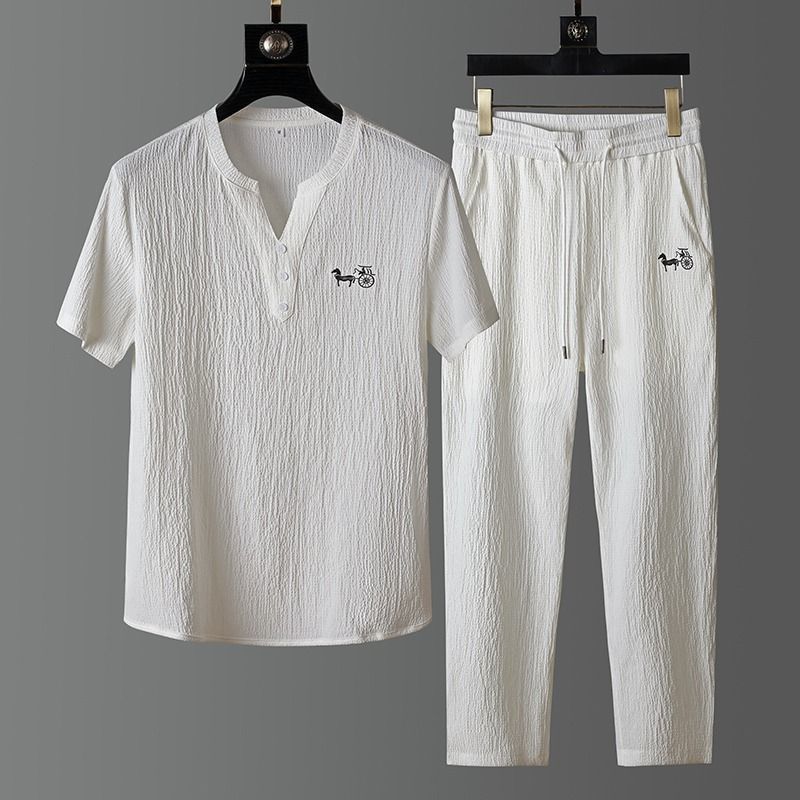 Men'S Fashion Plus - ชุดเสื้อยืดแขนสั้นผ้าลินินแฟชั่นฤดูร้อนใหม่ สไตล์ลำลองสำหรับผู้ชาย ทรงหลวม ใส่เล่นกีฬาได้ ไซส์ใหญ่ คุณภาพสูง