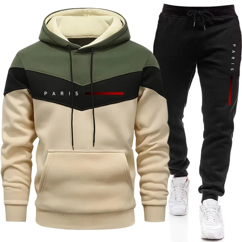 Jogger Sweatpants Men - ชุดฮู้ดดี้แฟชั่นผู้ชายสไตล์ปารีส เสื้อฮู้ดและกางเกงจ็อกเกอร์ลำลองสำหรับใส่ในชีวิตประจำวัน ชุดวอร์มเทรนด์เมืองสำหรับผู้ชาย