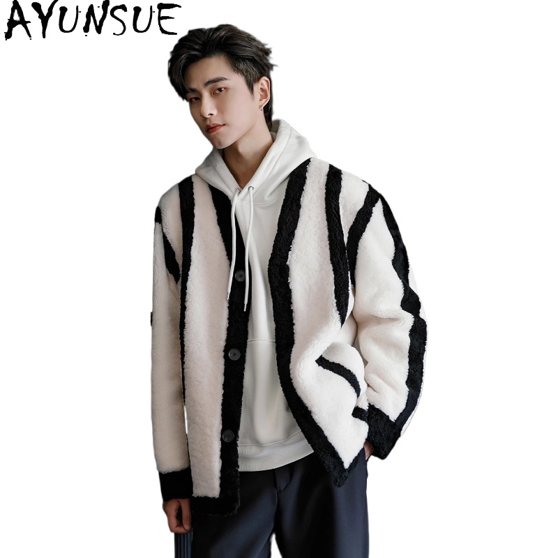Men'S Fashion Leather Jacket - AYUNSUE ใหม่แฟชั่นขนสัตว์จริง Man หนังแกะแท้แจ็คเก็ต V คอ