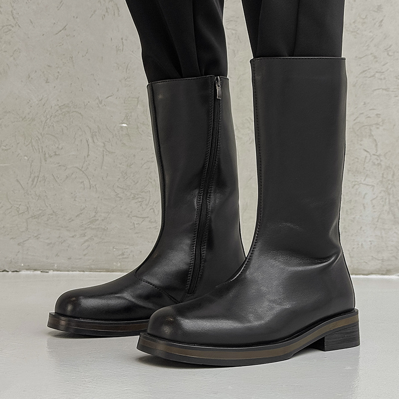 Men'S Fashion Plus - รองเท้าบูทเชลซีทรงสูงสำหรับผู้ชายไซส์ใหญ่ แฟชั่นสำหรับใส่ไปไนต์คลับ สีดำ สีน้ำตาล หนังแท้ รองเท้าคาวบอยแบบมีพื้น