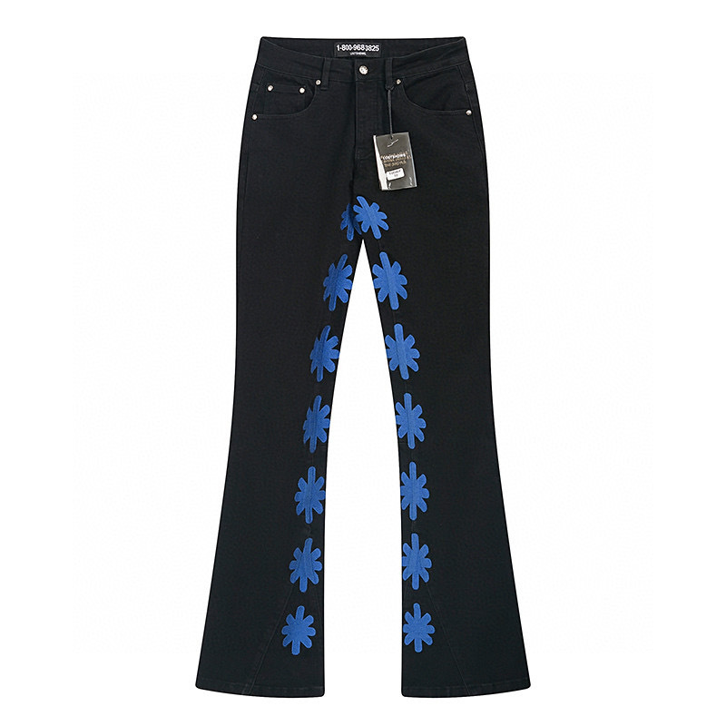 Men'S Fashion Jeans And Boots - กางเกงยีนส์ LOSTSHDWS สไตล์อเมริกันสตรีทแฟชั่น กางเกงลำลองสีส้ม ปักลายดอกไม้ กระดุมลายดอกไม้