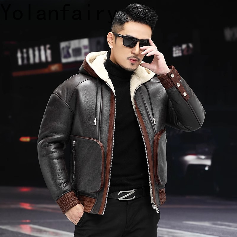 เสื้อโค้ทขนสัตว์แท้ YOLANFAIRY - Men'S Fashion Leather Jacket บทวิจารณ์และราคา